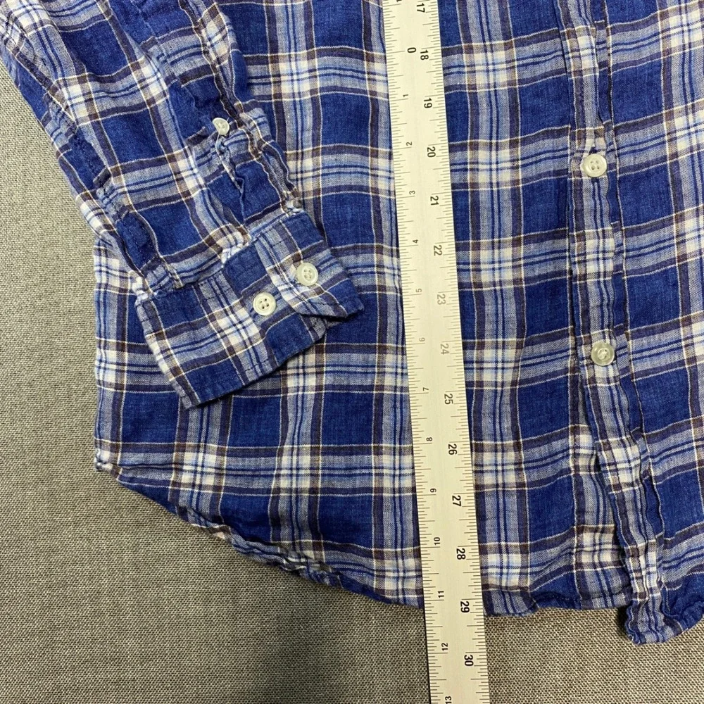 Banana Republic Camden Standard Fit Blue Plaid 100% Linen Shirt Mens Large L